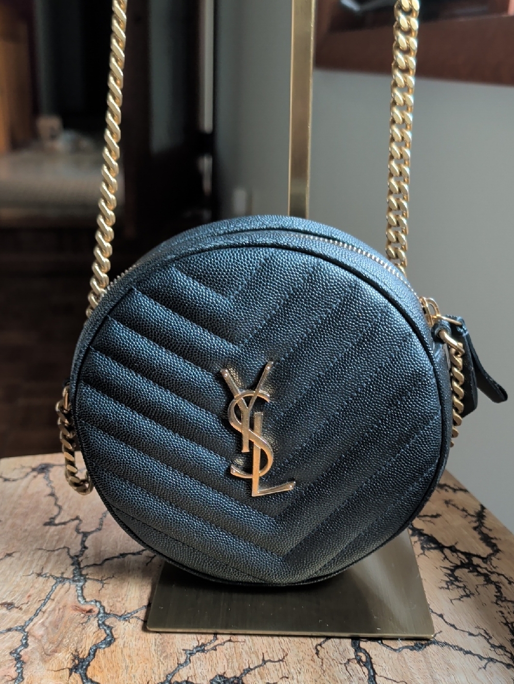 Saint Laurent Black Quilted Round Crossbody with Gold YSL Hardware